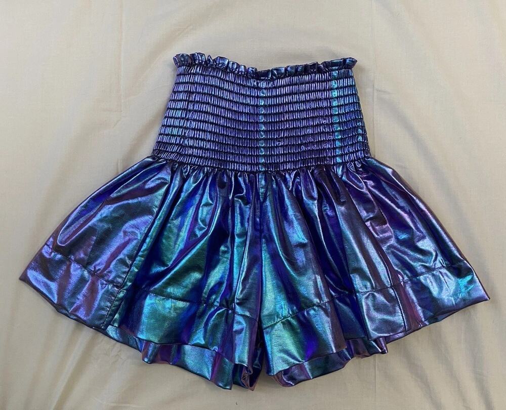 Queen Of Sparkles Swing Shorts Metallic Iridescent Blue Skort Smocked Sz XS